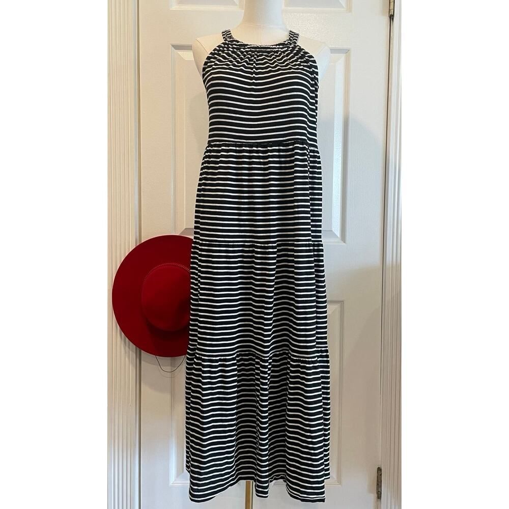 Max Studio Black & White Stripe Tiered Halter Maxi Dress with Pockets - Size XS